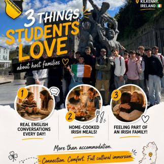 🗣️ 1. Real English Conversations Every Day! From morning chats to evening stories, students naturally improve their English in a relaxed, real-life setting, building confidence with every conversation✨ 🍲 2. Home-Cooked Irish Meals! Sharing delicious, home-cooked meals is a special part of daily life, bringing everyone together and giving students a true taste of Ireland 🇮🇪 🏡 3. Feeling Part of an Irish Family! Host families offer a warm welcome and genuine care, making students feel safe, supported, and truly at home 💛 ☘️ Whether it's sharing meals, conversations, or even learning how to play the traditional Irish bodhrán, these moments create unforgettable cultural experiences. Host families provide more than accommodation — they offer connection, comfort, and full cultural immersion ✨ #StudyAbroad #LearnEnglish #Ireland #IrishExperience #HostFamily #StudentLife #EnglishAbroad #LanguageSchool #StudyInIreland #InternationalStudents #EnglishImmersion #TravelAndLearn #CulturalExchange #StudentExperience #Kilkenny #ExploreIreland #EnglishLearning #TeenTravel #MakeMemories #StudyTravel #EnglishSchool #ExchangeProgram #LifeAbroad #LanguageJourney #IrishCulture #EducationAbroad #TravelGoals #StudentTravel #EnglishEveryday #MiniStayProgramme